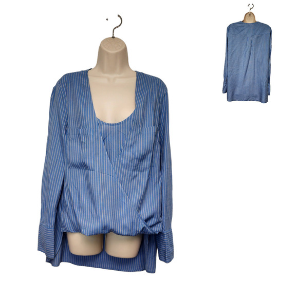 BCBGMAXAZRIA GINEVRA Striped Blue Scoop-Neck Wrap Hi-Lo Long Sleeve Blouse L - Picture 4 of 10